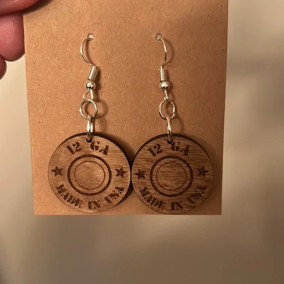 Handmade 12 GA USA Engraved Wooden Dangle Earrings Rustic Western Bullet Style - Picture 7 of 9